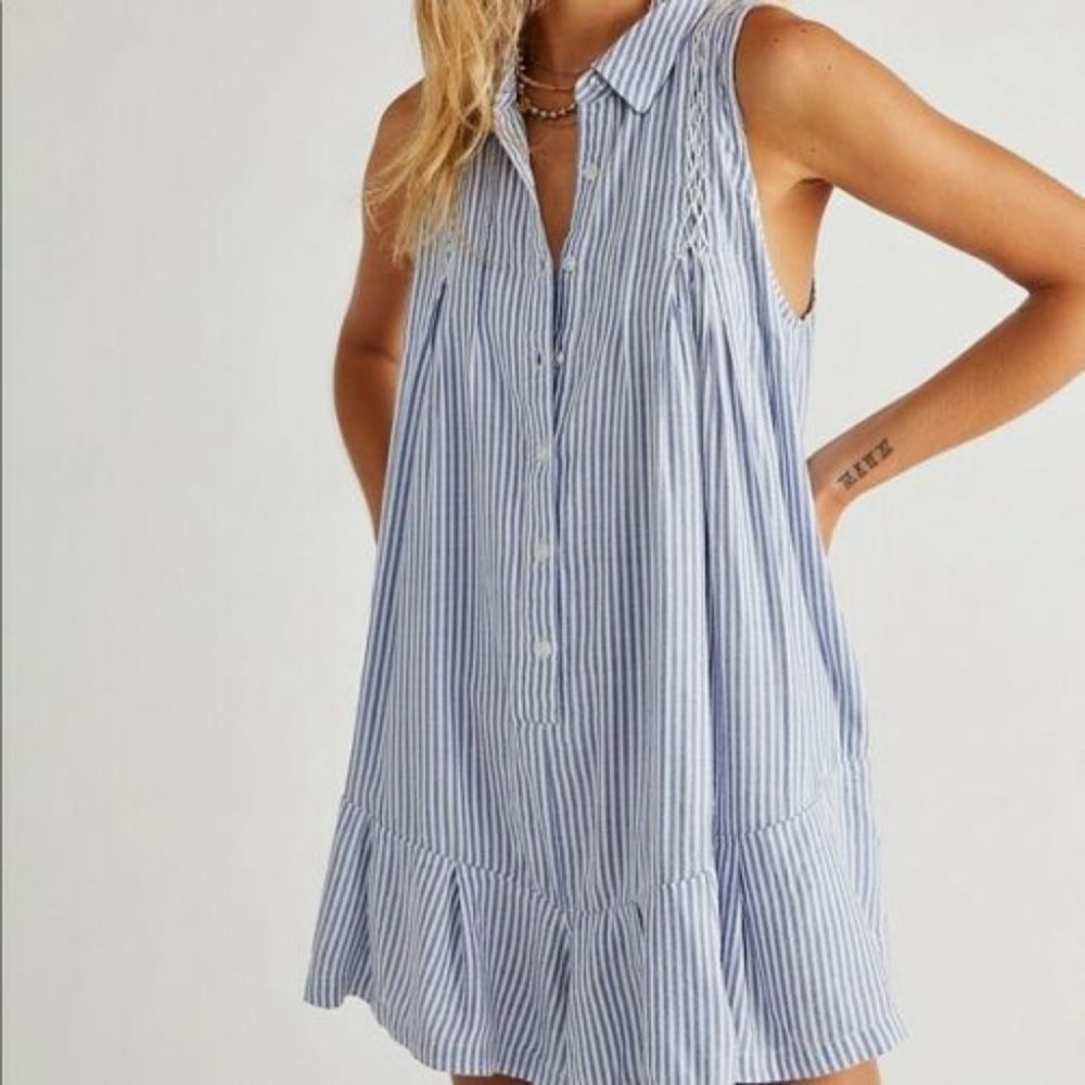 Free People Preppy Halter Striped Romper Embroidered XS